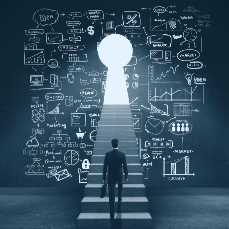 Man on a stair in front of a lock and a wall with data