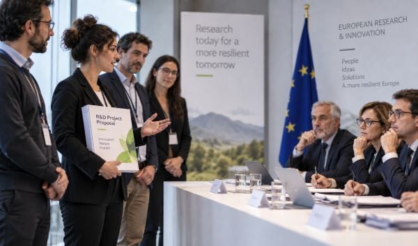Equipo de investigadores presentando una propuesta de proyecto de I+D ante un comité evaluador.