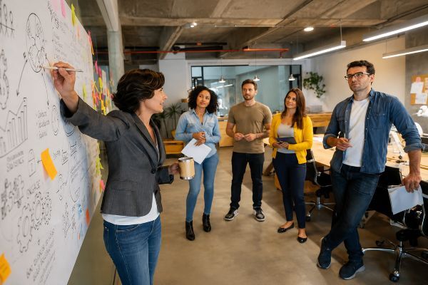 Equipo de personas discutiendo una estrategia de implantación de la función de inteligencia en la empresa